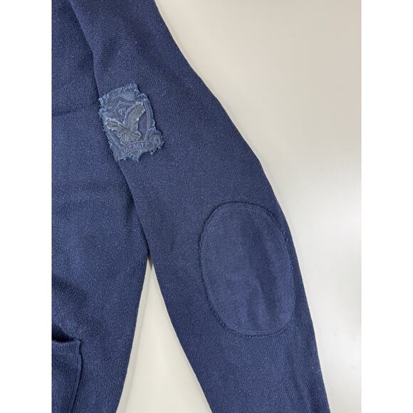 American Eagle Mens Wool Blend Cardigan Sweater L Navy Blue Elbow Patches Preppy - Picture 9 of 13